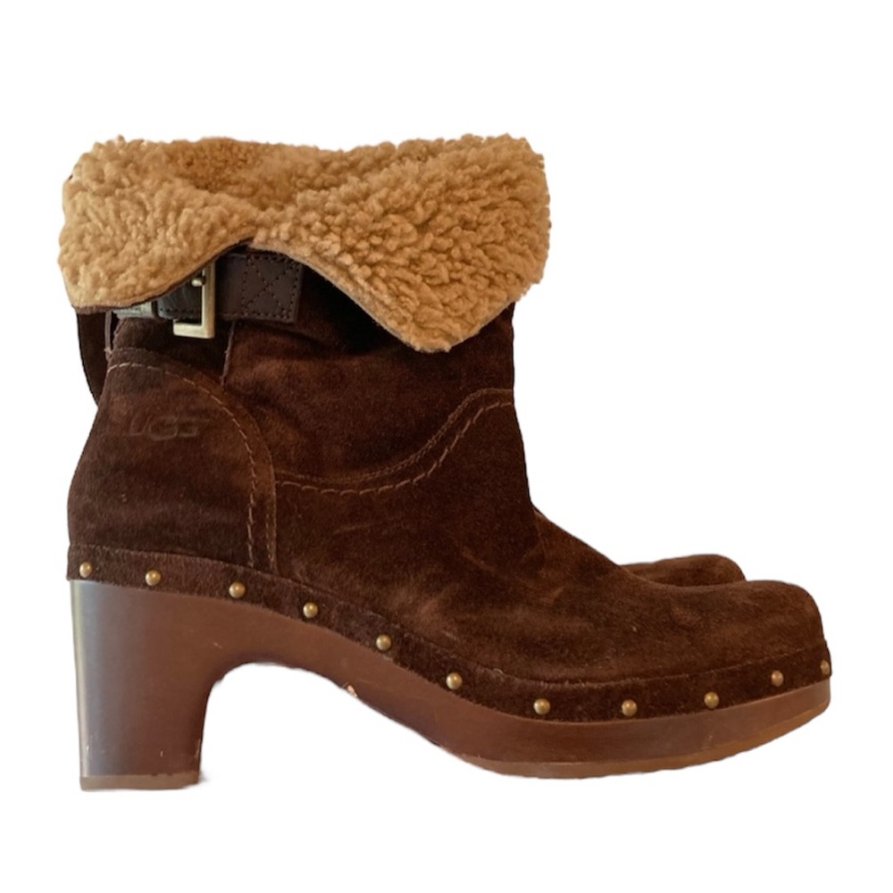 UGG Brown Heeled Boots with Shearling Cuff